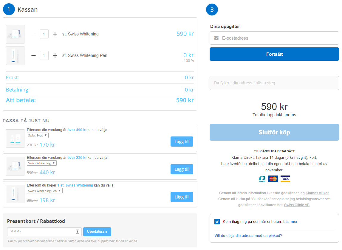 Swiss whitening gratis tandblekningspenna + fri frakt (rabattkod)